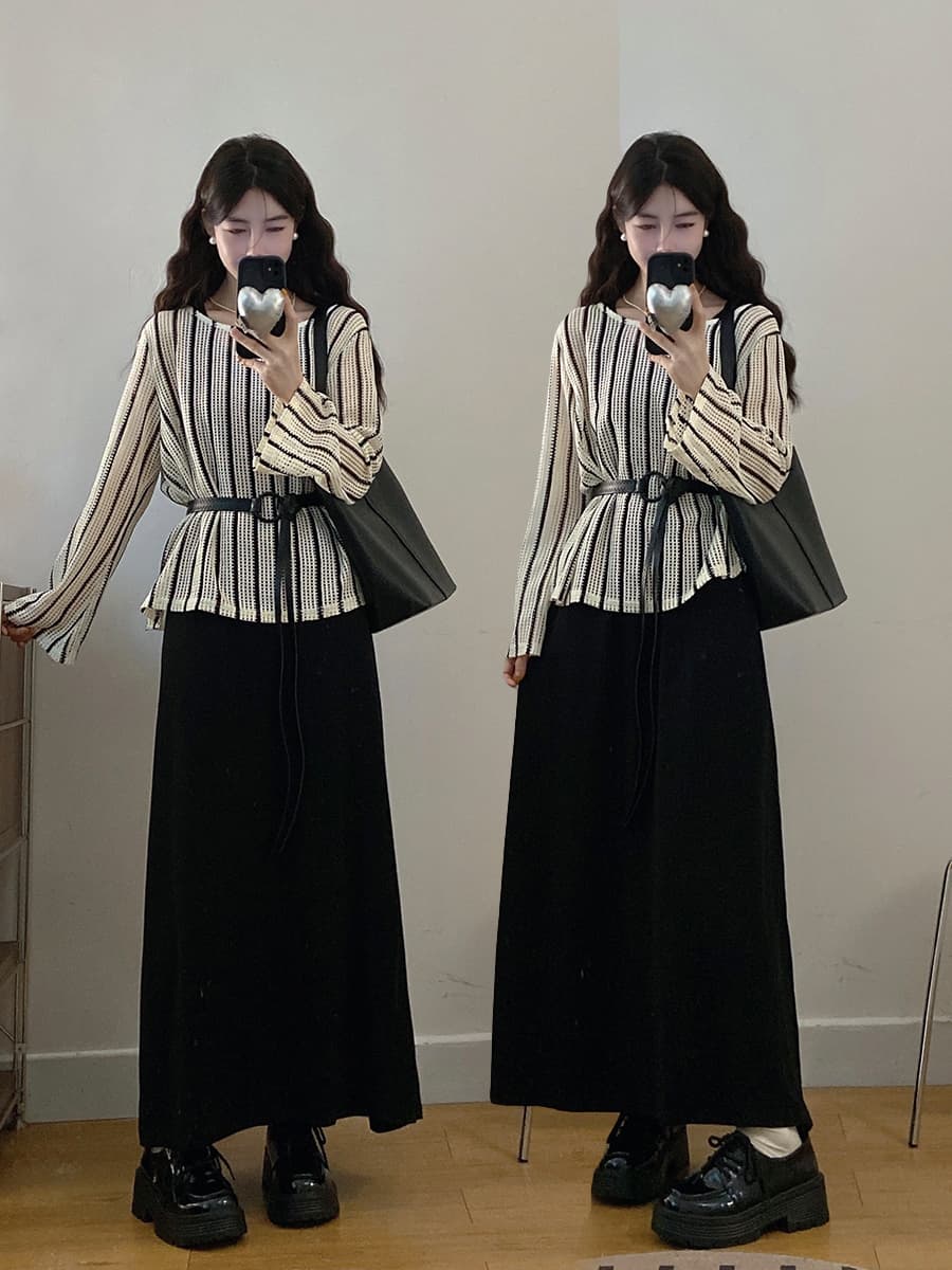 실사 빅 사이즈 여성 의류 지방 mm 2026 가을 수직 기사 긴팔 홀로우 아웃 블라우스 조끼 롱 스커트 루즈핏 투피스 슈트