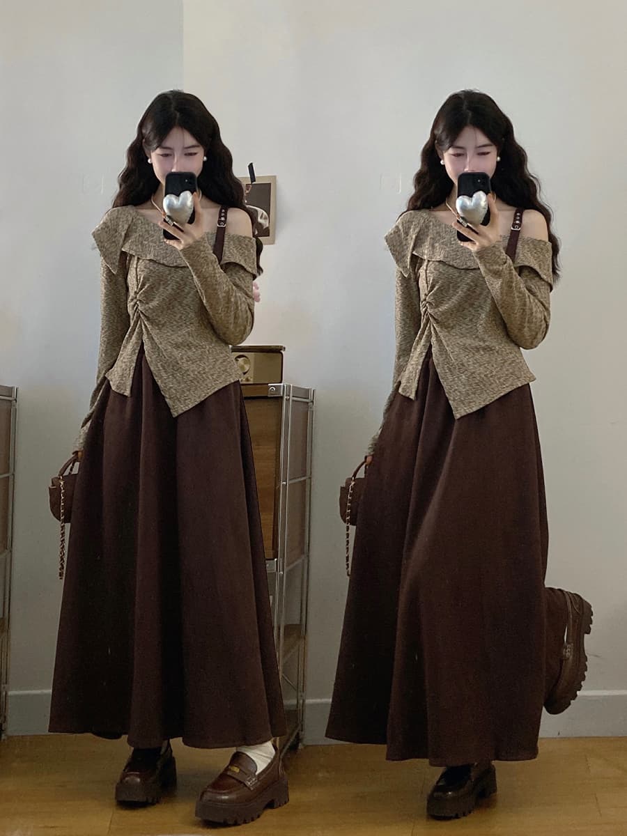 실사 빅 사이즈 여성 의류 지방 mm 가을 디자인 센스 불규칙 비스듬한 칼라 오프숄더 맨위 패션 반신 스커트 투피스 세트