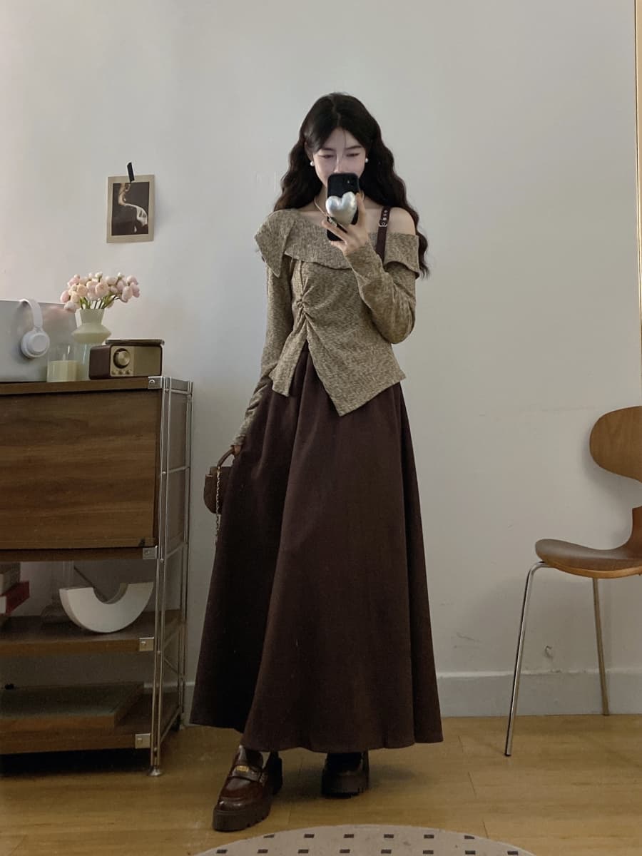 실사 빅 사이즈 여성 의류 지방 mm 가을 디자인 센스 불규칙 비스듬한 칼라 오프숄더 맨위 패션 반신 스커트 투피스 세트 이미지 3