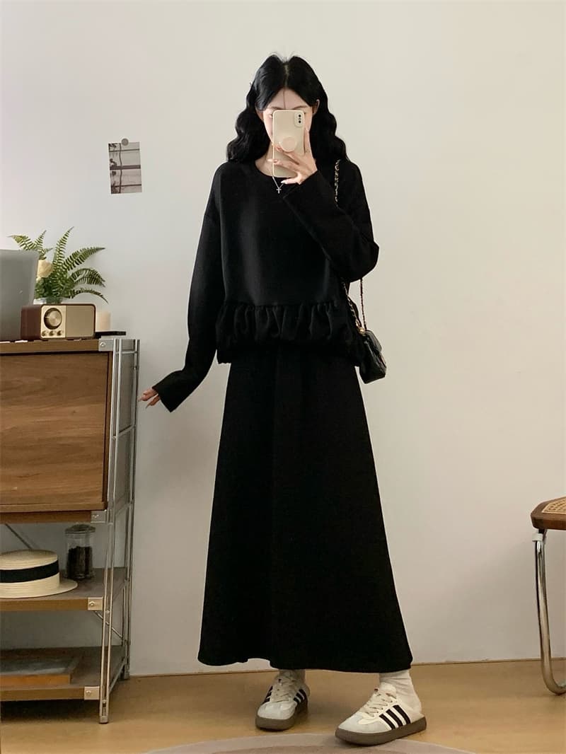 실사 빅 사이즈 여성 의류 지방 mm 가을 루즈핏 표지 고기 후드티 세트 드레스 프릴 맨위 반신 스커트 투피스 세트 상세 이미지 1