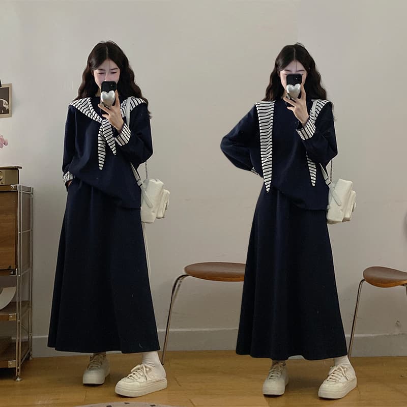 실사 빅 사이즈 여성 의류 지방 mm 가을 스트라이프 숄 후드 티 스웨터 루즈핏 반신 스커트 표지 배 슬림해 보이는 투피스 세트