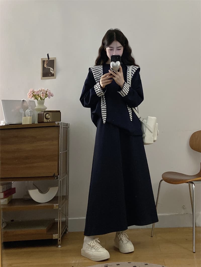 실사 빅 사이즈 여성 의류 지방 mm 가을 스트라이프 숄 후드 티 스웨터 루즈핏 반신 스커트 표지 배 슬림해 보이는 투피스 세트 상세 이미지 3