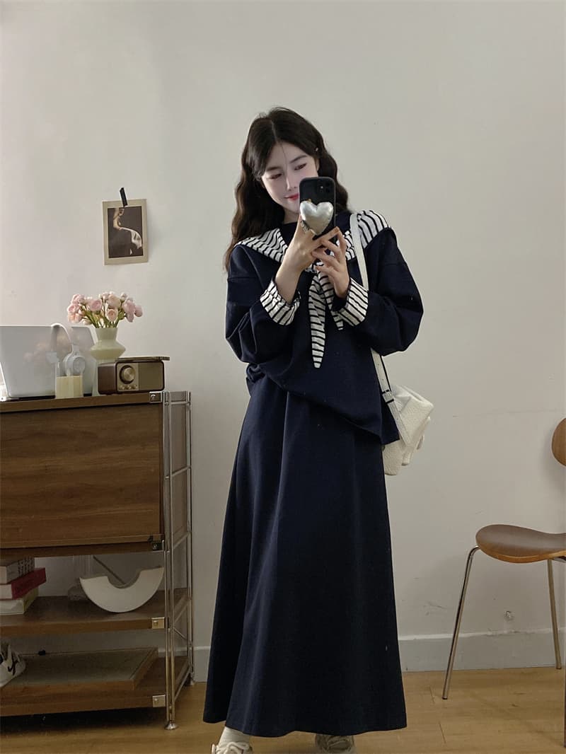 실사 빅 사이즈 여성 의류 지방 mm 가을 스트라이프 숄 후드 티 스웨터 루즈핏 반신 스커트 표지 배 슬림해 보이는 투피스 세트 상세 이미지 10
