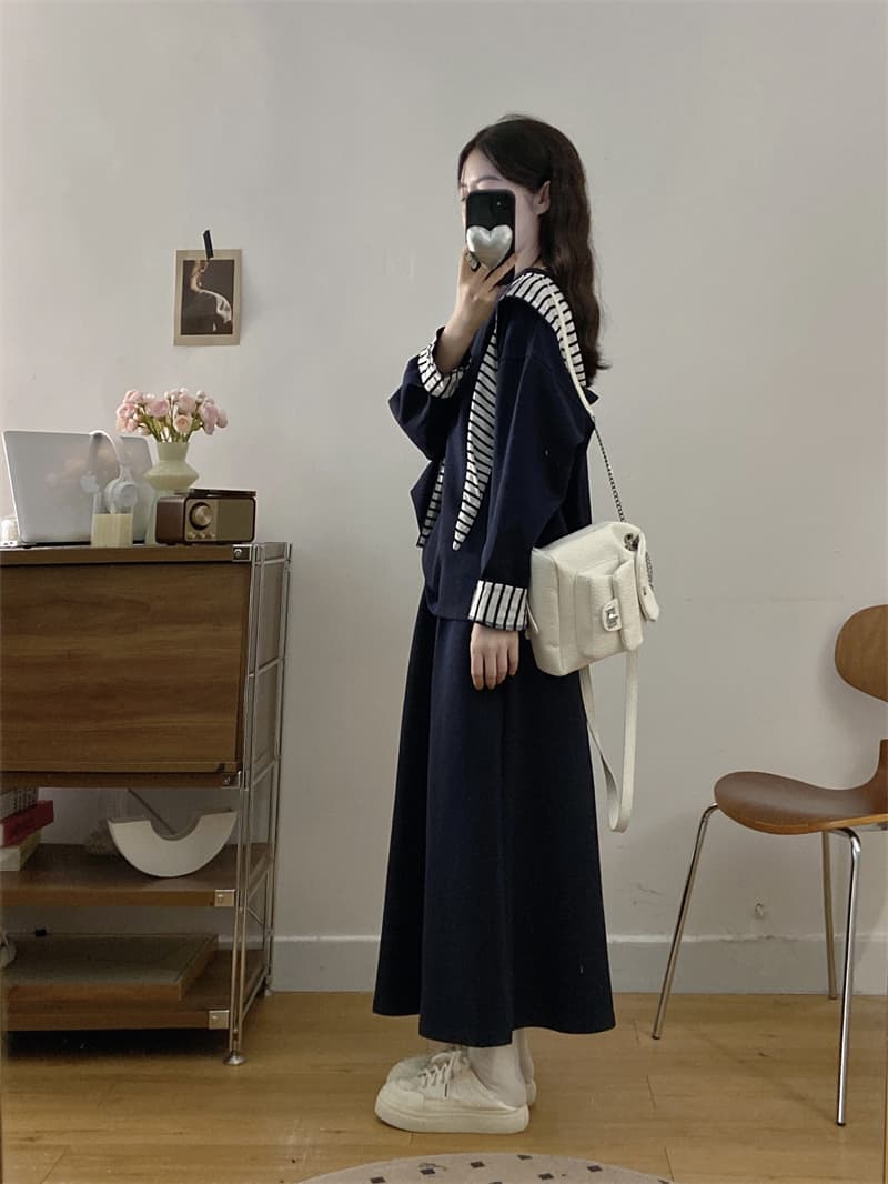 실사 빅 사이즈 여성 의류 지방 mm 가을 스트라이프 숄 후드 티 스웨터 루즈핏 반신 스커트 표지 배 슬림해 보이는 투피스 세트 상세 이미지 12