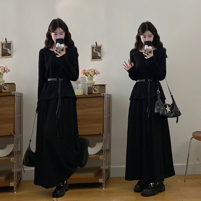 실사 빅 사이즈 여성 의류 지방 mm 가을 착용 가져 가라. 전체 집합 느긋한 바람 루즈핏 맨위 반신 스커트 표지 고기 투피스 세트
