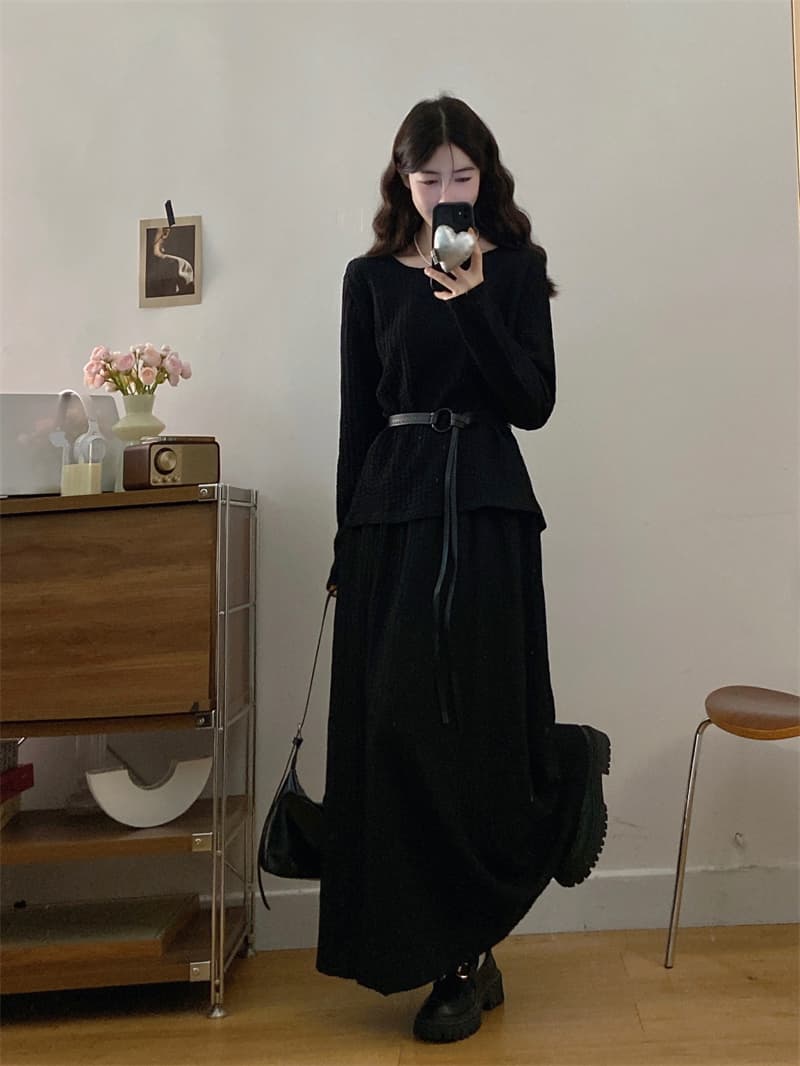 실사 빅 사이즈 여성 의류 지방 mm 가을 착용 가져 가라. 전체 집합 느긋한 바람 루즈핏 맨위 반신 스커트 표지 고기 투피스 세트 상세 이미지 7
