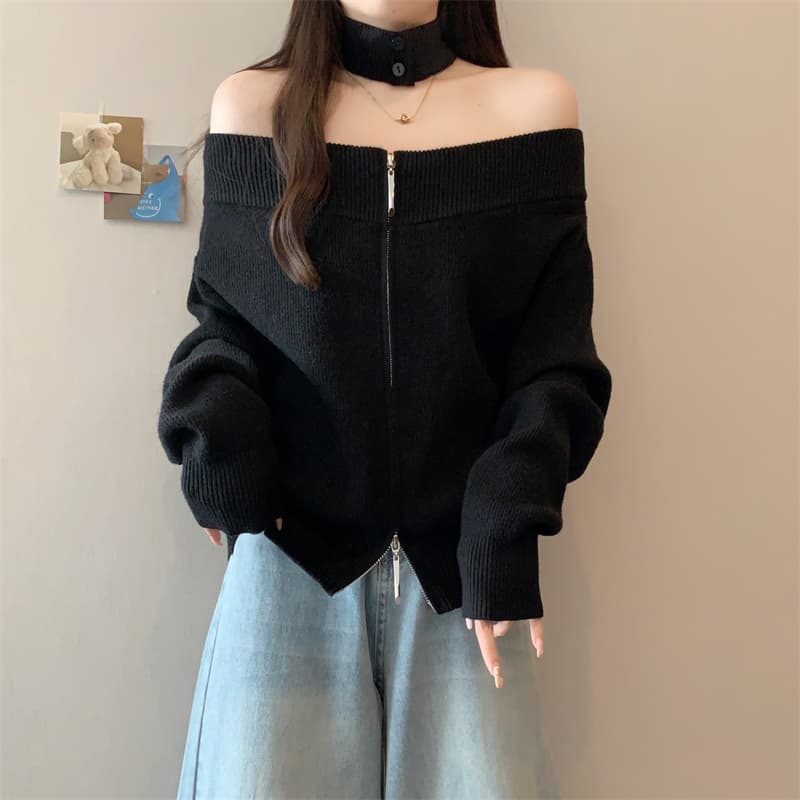 실사 빅 사이즈 여성 의류 지방 mm 가을 겨울 디자인 센스 보트넥 오프숄더 스웨터 슬림해 보이는 부드러운 찹쌀 지퍼 니트 맨위 상세 이미지 1