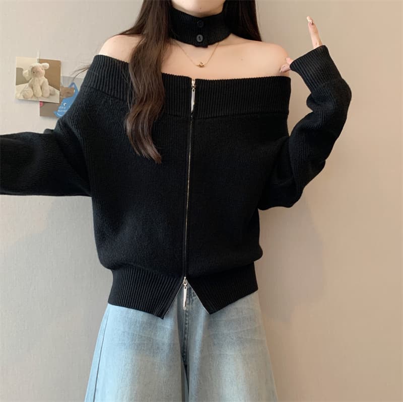 실사 빅 사이즈 여성 의류 지방 mm 가을 겨울 디자인 센스 보트넥 오프숄더 스웨터 슬림해 보이는 부드러운 찹쌀 지퍼 니트 맨위 상세 이미지 4