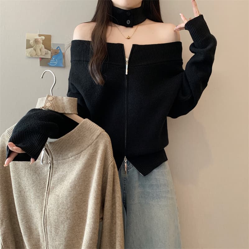 실사 빅 사이즈 여성 의류 지방 mm 가을 겨울 디자인 센스 보트넥 오프숄더 스웨터 슬림해 보이는 부드러운 찹쌀 지퍼 니트 맨위 상세 이미지 5
