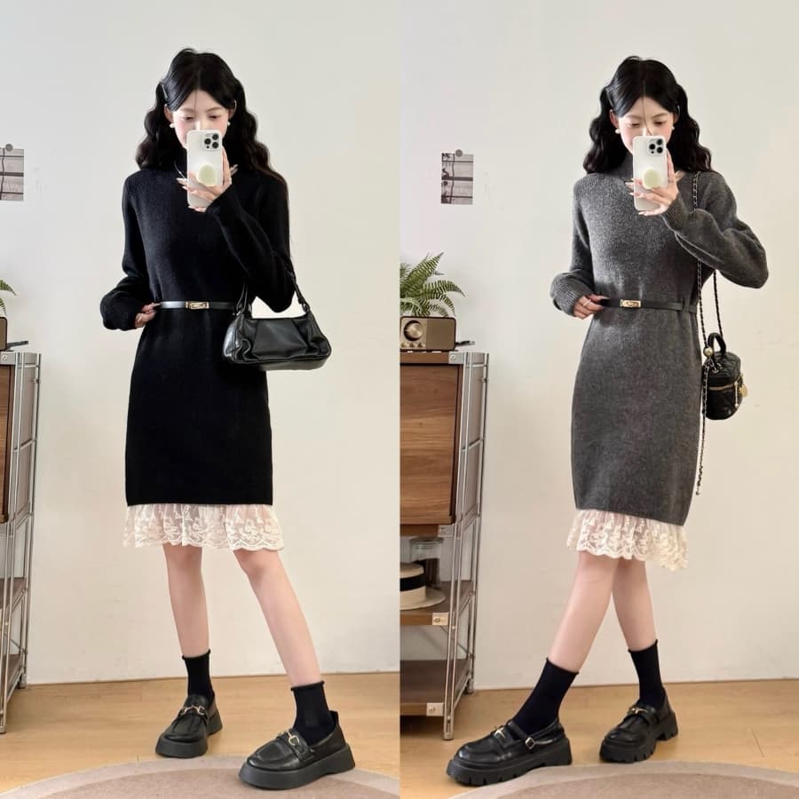실사 빅 사이즈 여성 의류 지방 mm 가을 겨울 반하이넥 홀로우 아웃 레이스 조각 허리 수축 슬림해 보이는 니트 드레스 복장 이미지 2