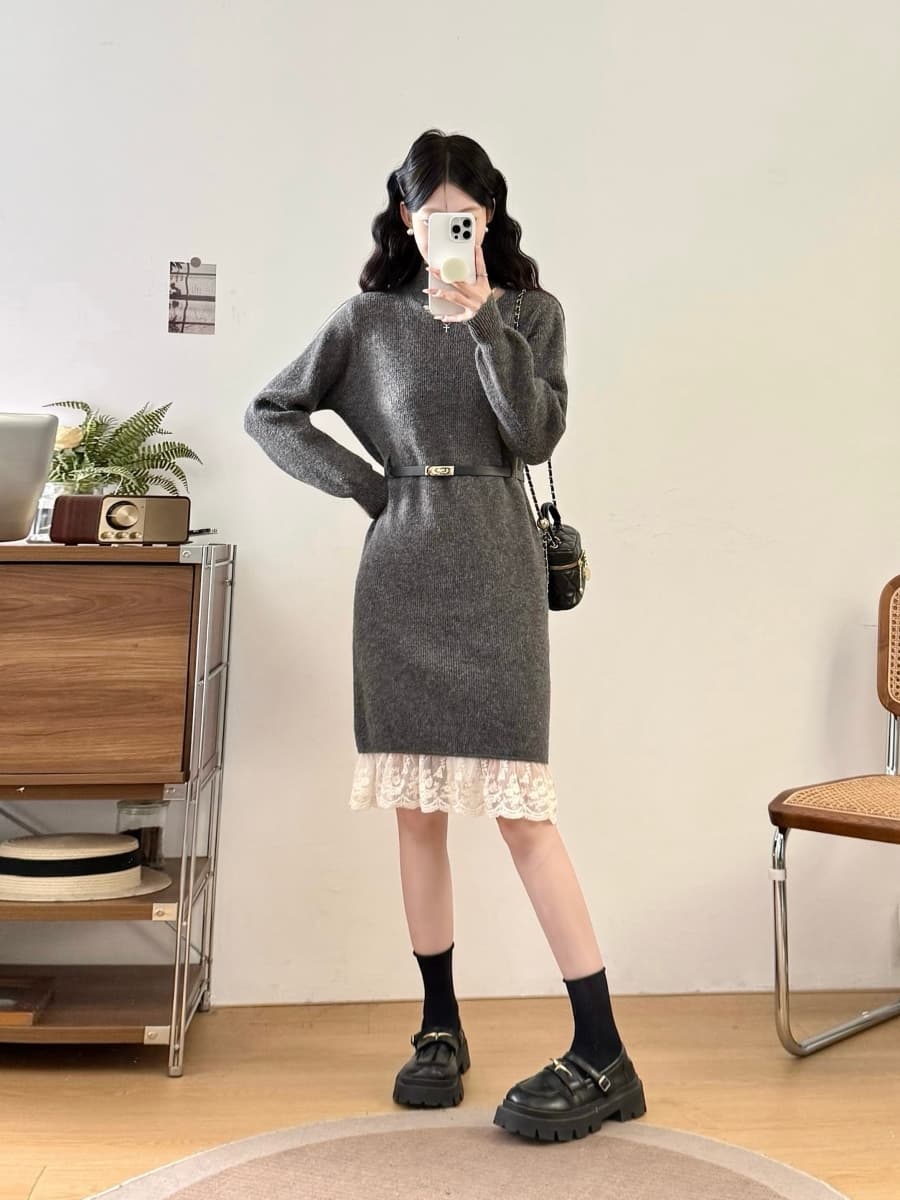 실사 빅 사이즈 여성 의류 지방 mm 가을 겨울 반하이넥 홀로우 아웃 레이스 조각 허리 수축 슬림해 보이는 니트 드레스 복장 이미지 3