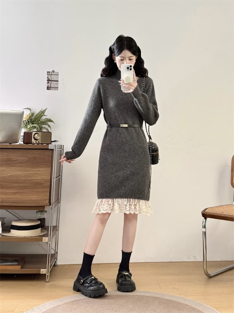 실사 빅 사이즈 여성 의류 지방 mm 가을 겨울 반하이넥 홀로우 아웃 레이스 조각 허리 수축 슬림해 보이는 니트 드레스 복장 상세 이미지 17