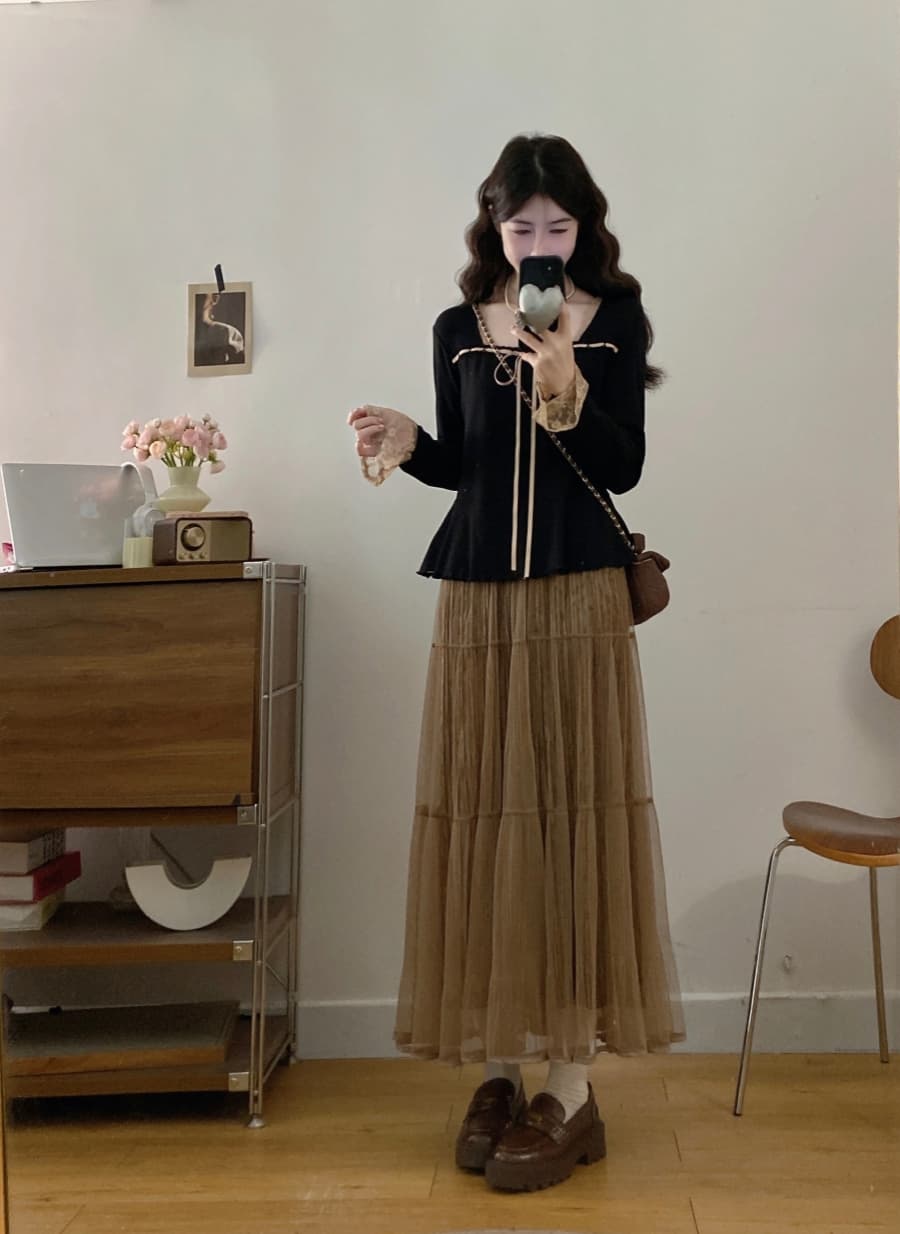 실사 빅 사이즈 여성 의류 지방 mm 가을 분기 별 칼라 레이스 조각 긴팔 맨위 망사 반신 스커트 외국 가스 투피스 세트 이미지 3