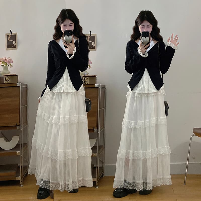 실사 빅 사이즈 여성 의류 지방 mm 가을 행침 목 레이스 조각 페이크 레이어드 맨위 망사 반신 스커트 투피스 슈트