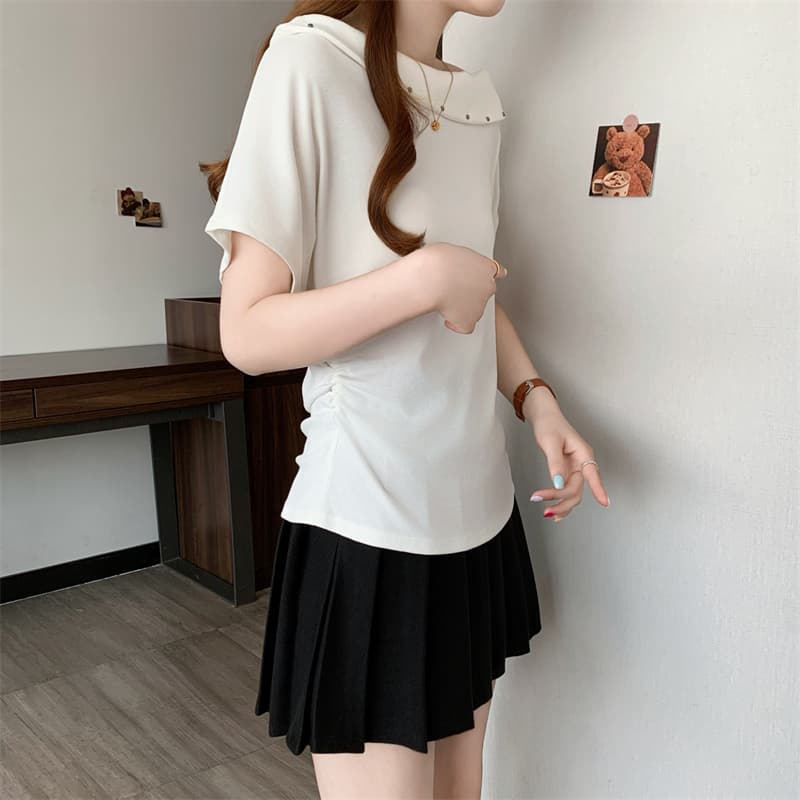 실사 빅 사이즈 여성 의류 마이크로 지방 mm 여름 디자인 센스 비스듬한 칼라 오프숄더 수신 Pleat 맨위 품격 슬림해 보이는 반팔 T 상세 이미지 16