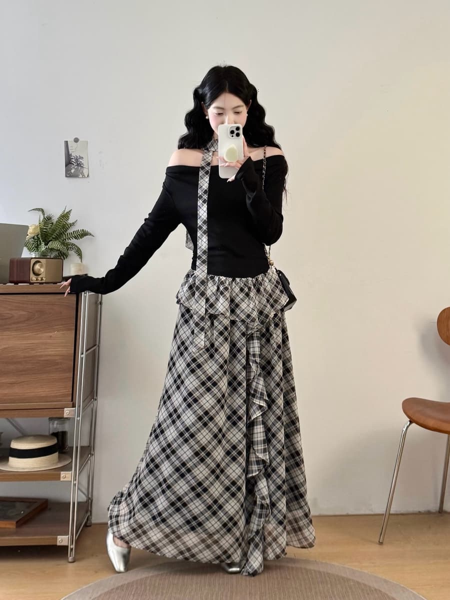 실사 빅 사이즈 여성 의류 지방 mm 봄 여름 프랑스식 보트넥 니트 패치워크 페이크 레이어드 체크무늬 프릴 드레스 이미지 3