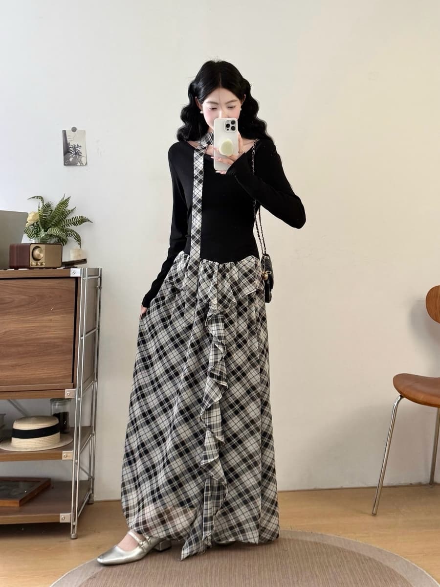 실사 빅 사이즈 여성 의류 지방 mm 봄 여름 프랑스식 보트넥 니트 패치워크 페이크 레이어드 체크무늬 프릴 드레스 이미지 4