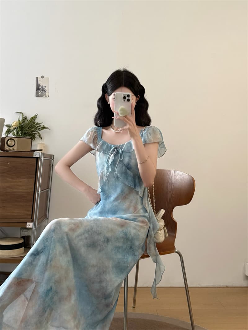 실사 빅 사이즈 여성 의류 지방 mm 여름 프랑스식 광장 칼라 프릴 드레스 수묵화 헤일로 염색 품격 슬림해 보이는 롱 스커트 상세 이미지 21