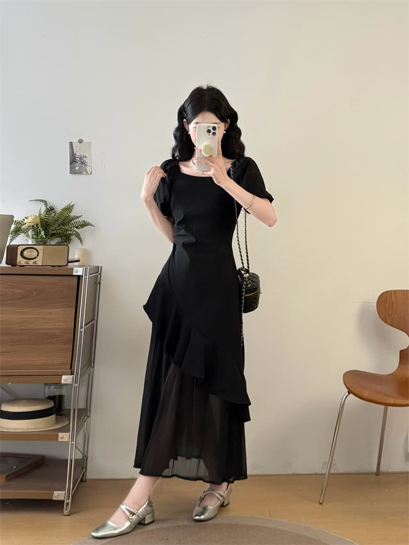 실사 빅 사이즈 여성 의류 지방 mm 여름 품격 광장 칼라 쉬폰 패치워크 주름 불규칙 프릴 점프 슈트 치마 상세 이미지 1