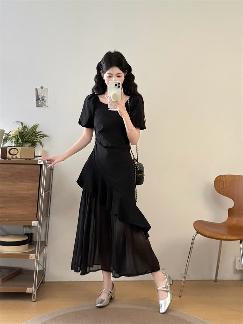 실사 빅 사이즈 여성 의류 지방 mm 여름 품격 광장 칼라 쉬폰 패치워크 주름 불규칙 프릴 점프 슈트 치마 상세 이미지 7