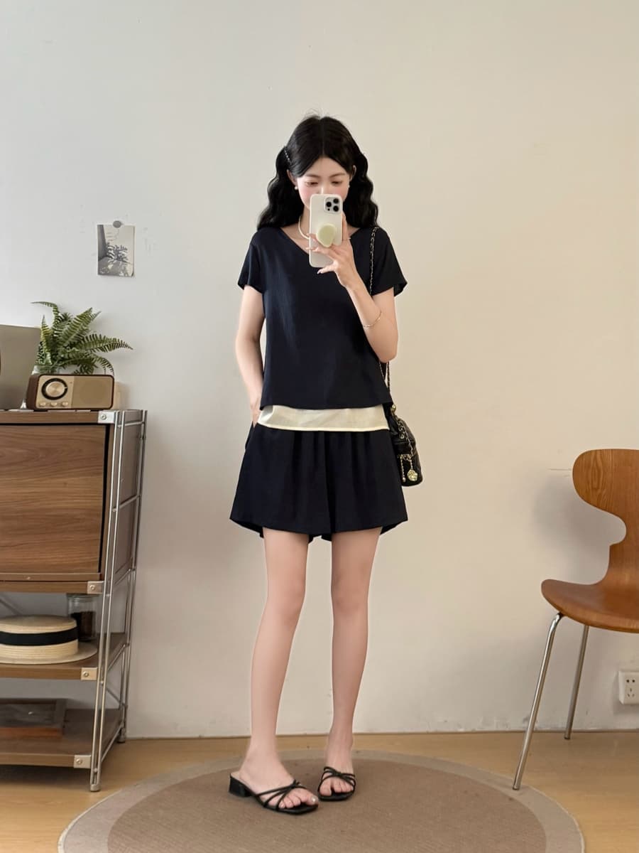 실사 빅 사이즈 여성 의류 지방 mm 여름 디자인 센스 패치워크 페이크 레이어드 맨위 캐주얼 반바지 루즈핏 투피스 슈트 이미지 3
