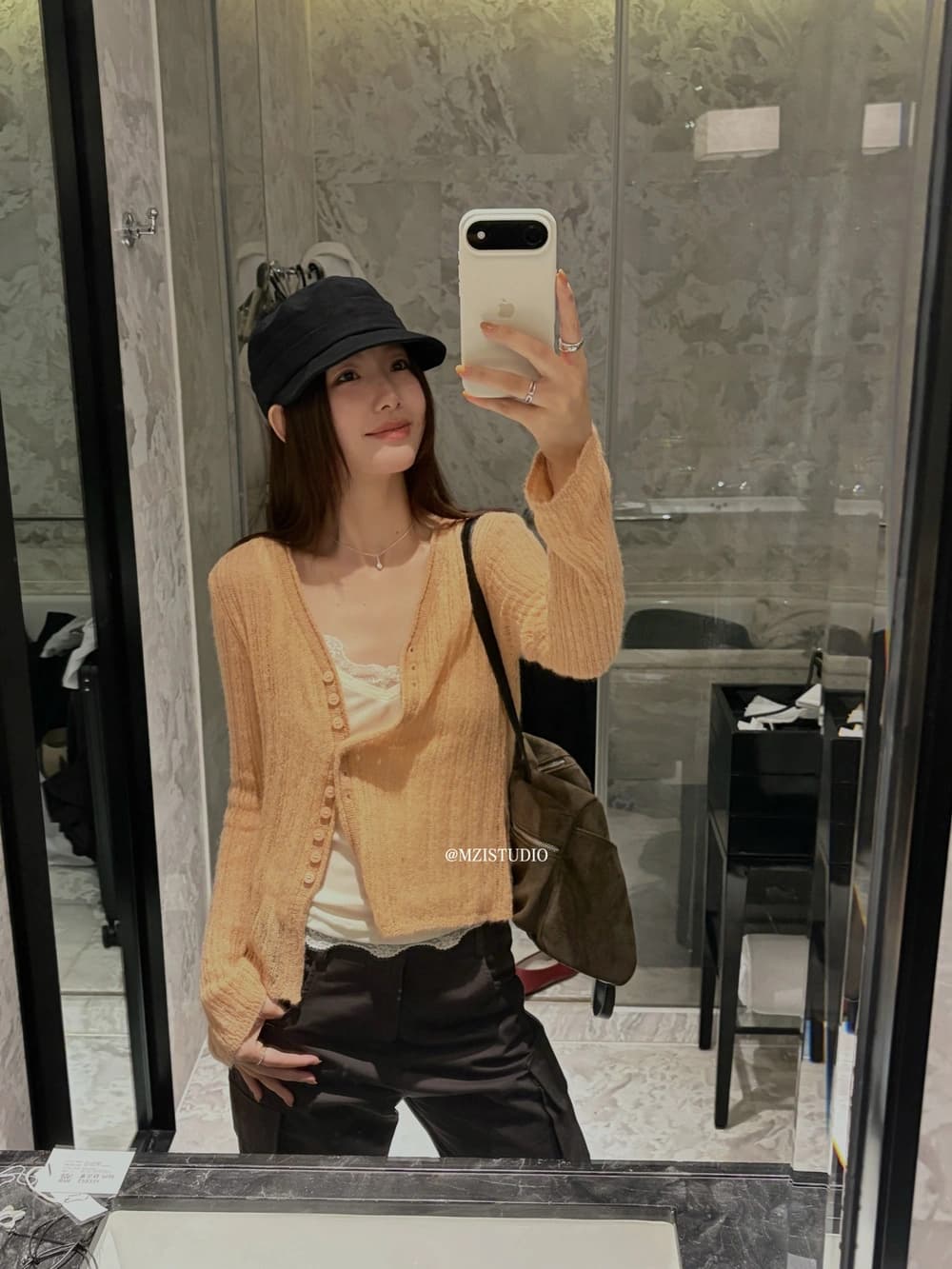 가을 한 부서 폴로 칼라 싱글 줄 버튼 슬림해 보이는 니트 오픈 가디건 이미지 3