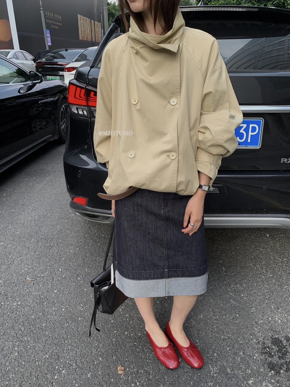 가을 아메리칸 레트로 뒤집다 측면 주머니 중간 허리 다용도 데님 반신 스커트 이미지 3