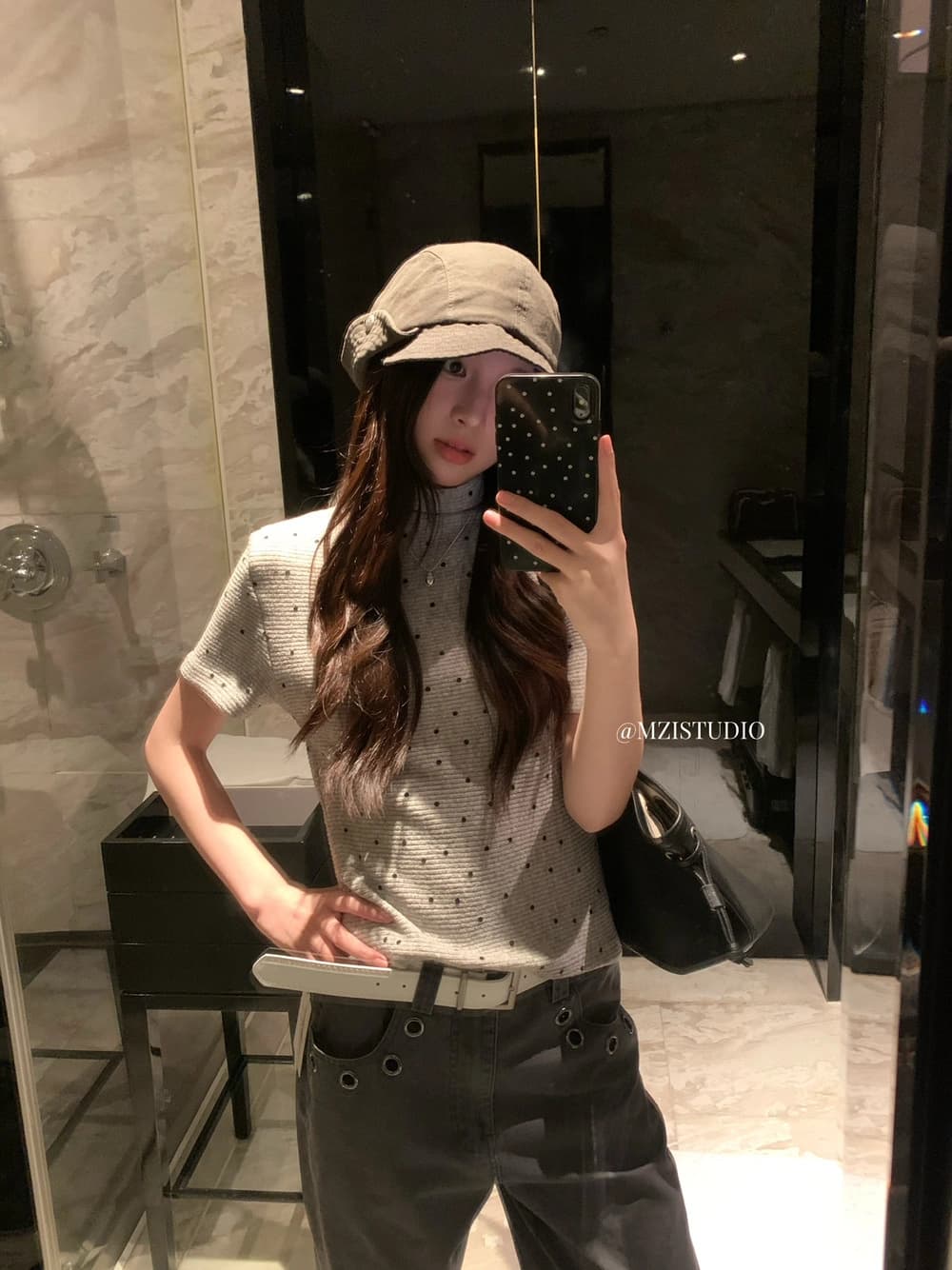 가을 한 부서 도트 무늬 반하이넥 소녀 센스 마이크로 폭탄 반팔 티셔츠 이미지 3