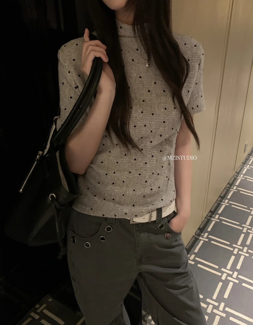 가을 한 부서 도트 무늬 반하이넥 소녀 센스 마이크로 폭탄 반팔 티셔츠