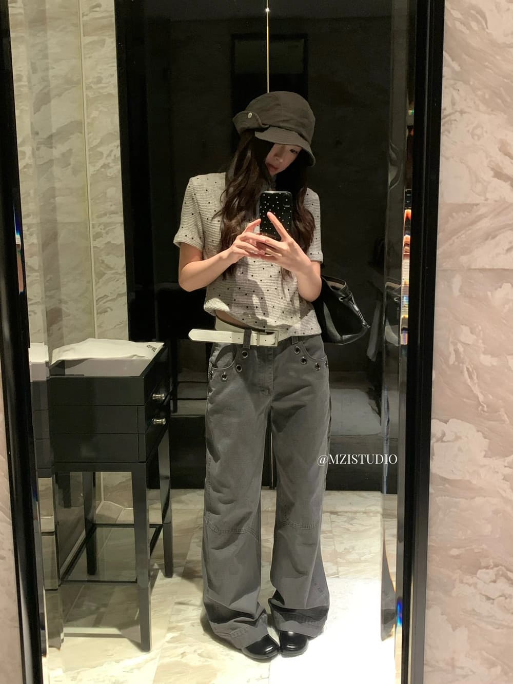 가을 한 부서 도트 무늬 반하이넥 소녀 센스 마이크로 폭탄 반팔 티셔츠 상세 이미지 5