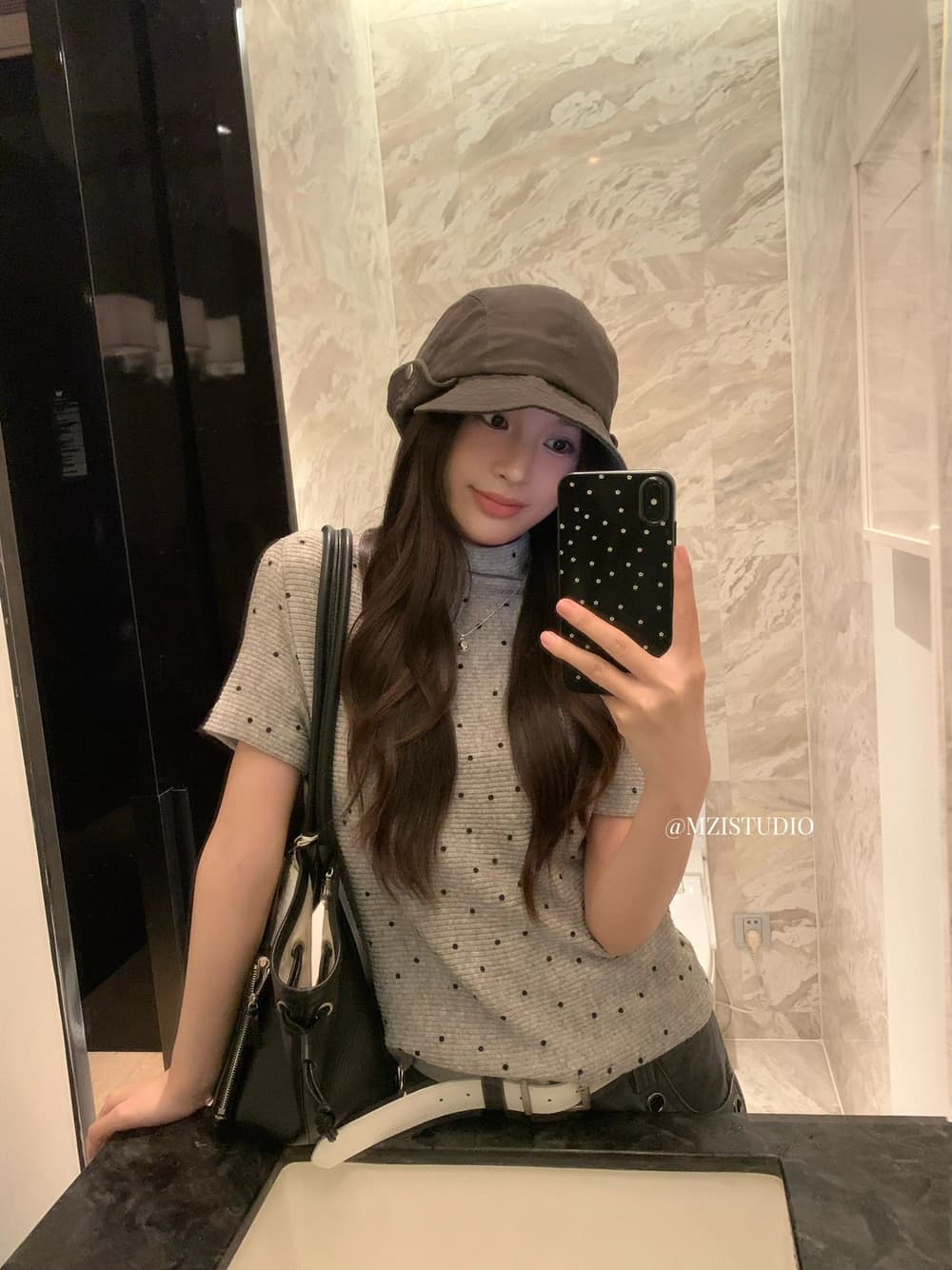 가을 한 부서 도트 무늬 반하이넥 소녀 센스 마이크로 폭탄 반팔 티셔츠 상세 이미지 7