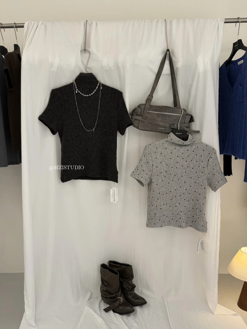 가을 한 부서 도트 무늬 반하이넥 소녀 센스 마이크로 폭탄 반팔 티셔츠 상세 이미지 8
