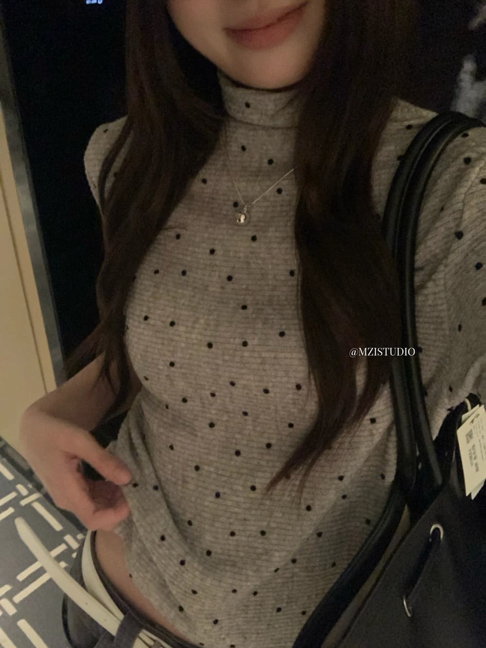 가을 한 부서 도트 무늬 반하이넥 소녀 센스 마이크로 폭탄 반팔 티셔츠 상세 이미지 6