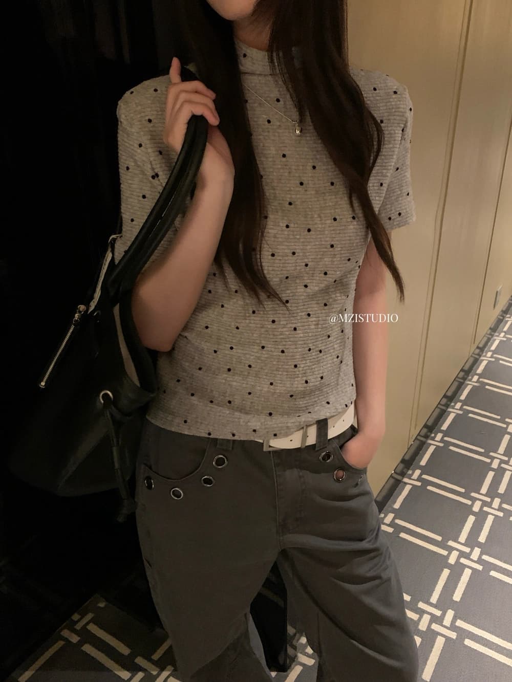 가을 한 부서 도트 무늬 반하이넥 소녀 센스 마이크로 폭탄 반팔 티셔츠 상세 이미지 16
