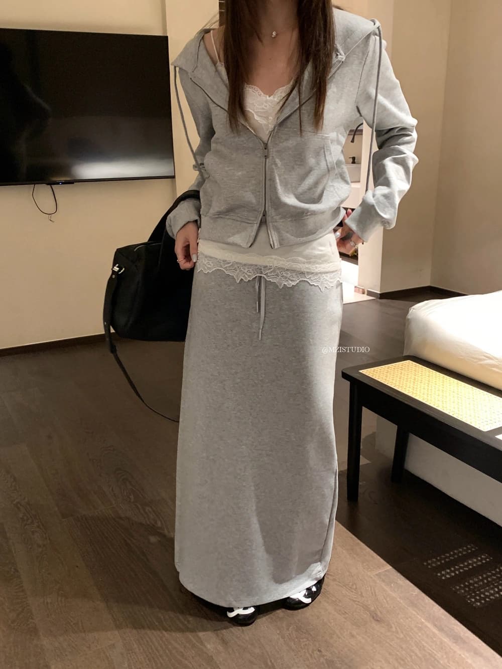 가을 한 부서 후드 지퍼 후드티 재킷 스트레이트 반신 치마 세트
