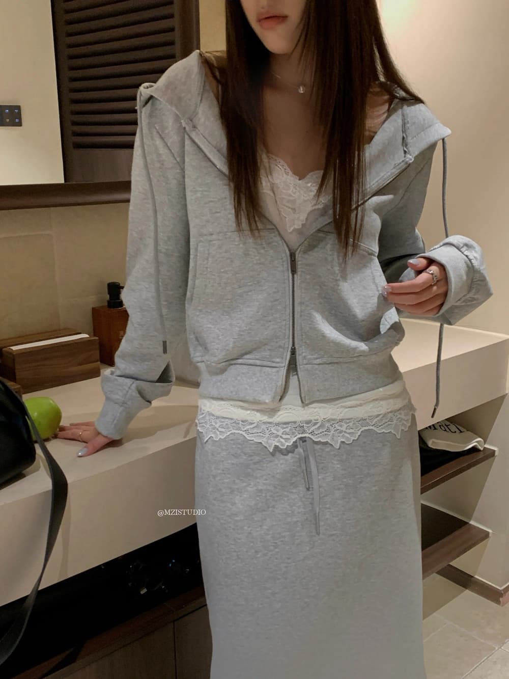 가을 한 부서 후드 지퍼 후드티 재킷 스트레이트 반신 치마 세트 상세 이미지 15