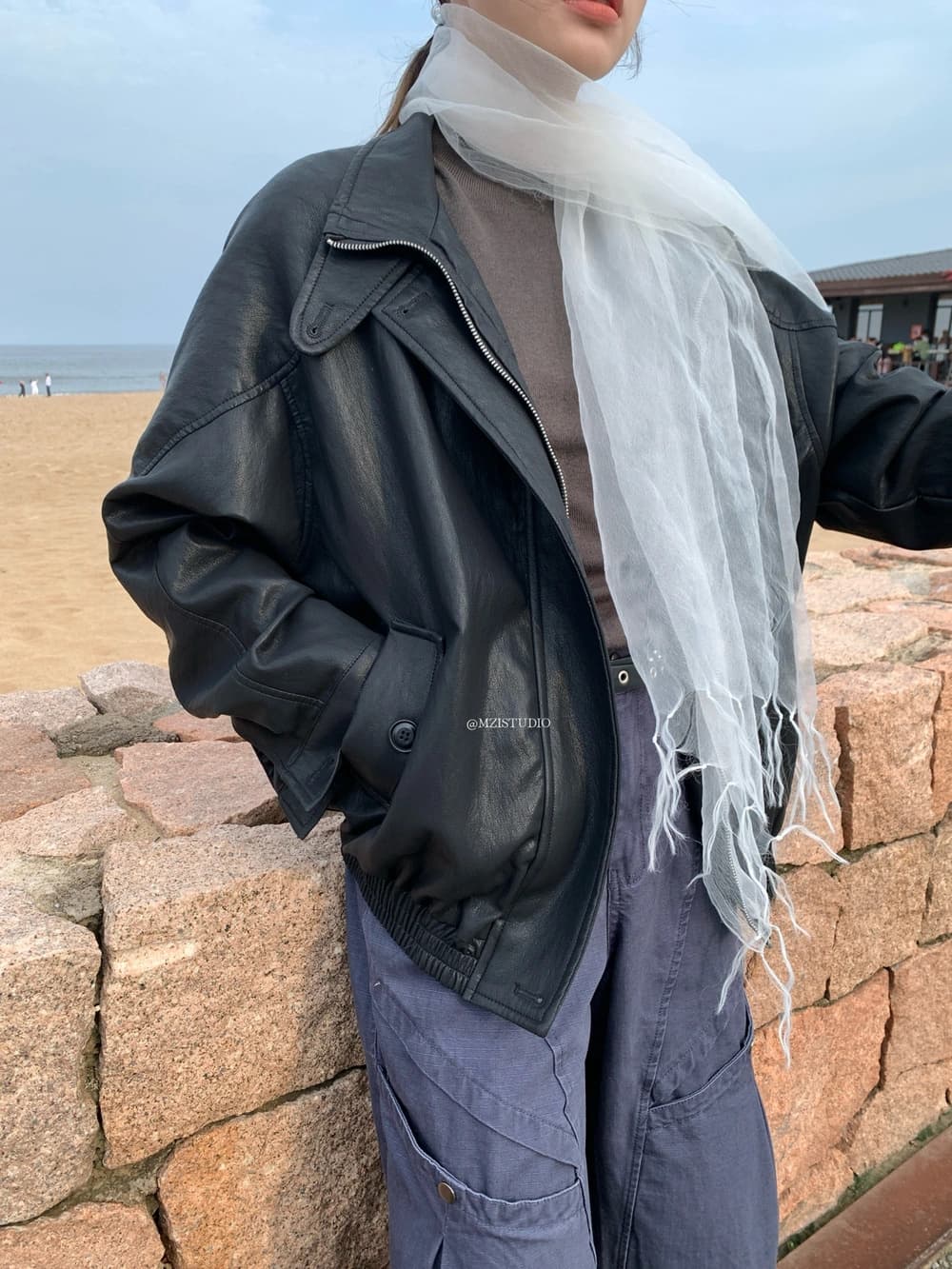 가을 한국 스타일 안감 스탠드 칼라 지퍼 바람막이 다용도 가죽 재킷 상세 이미지 3