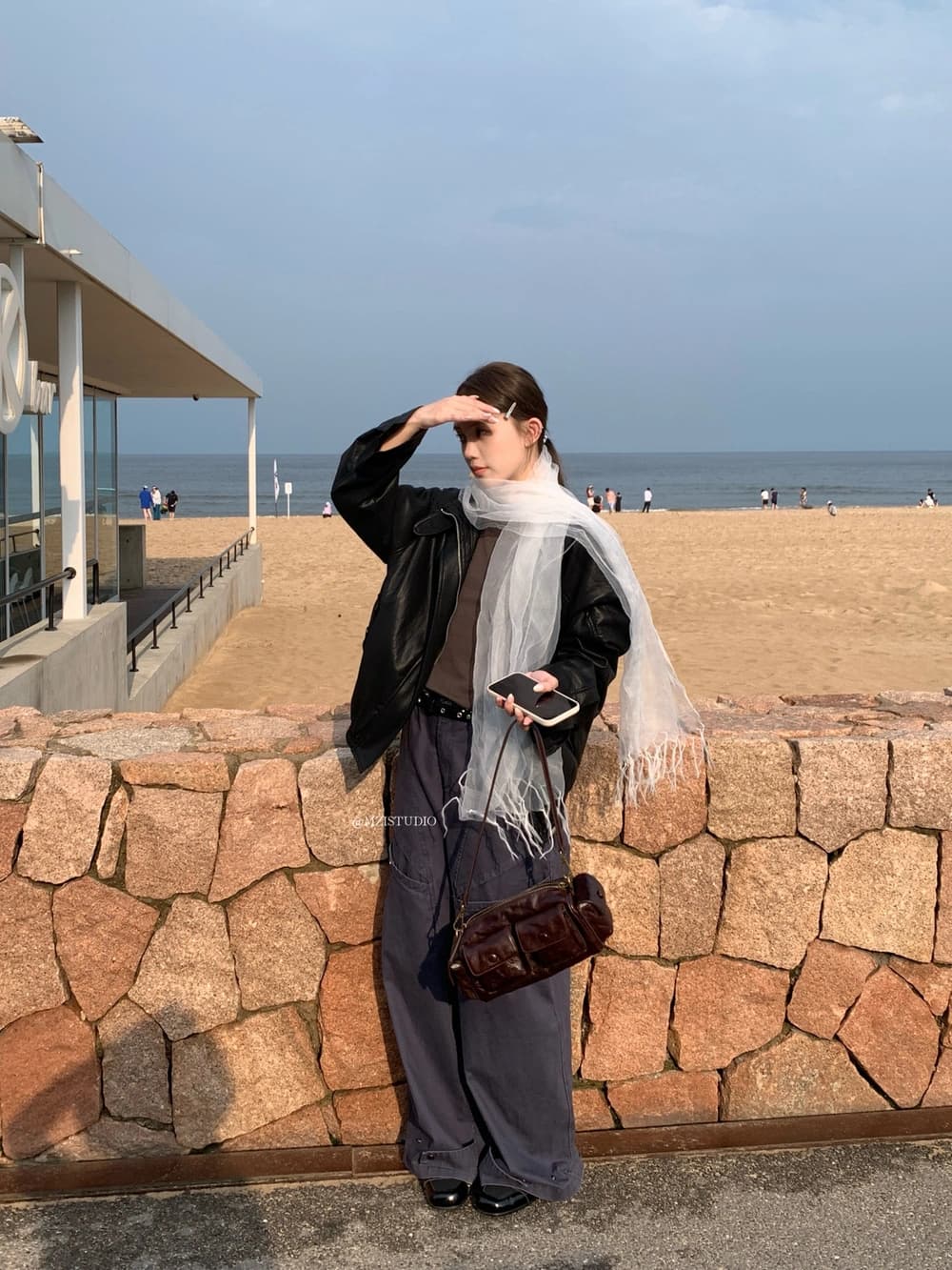 가을 한국 스타일 안감 스탠드 칼라 지퍼 바람막이 다용도 가죽 재킷 상세 이미지 6