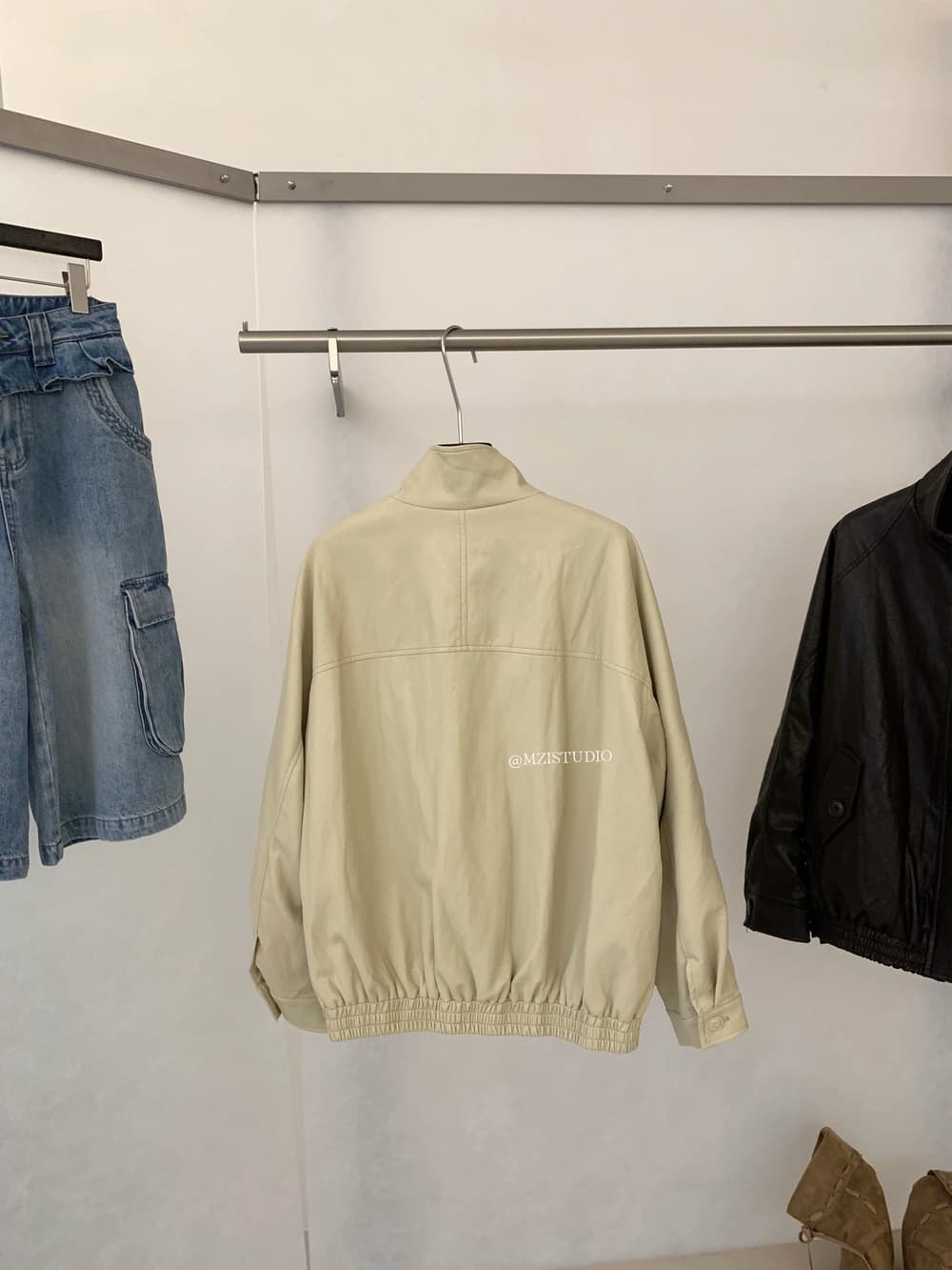 가을 한국 스타일 안감 스탠드 칼라 지퍼 바람막이 다용도 가죽 재킷 상세 이미지 13