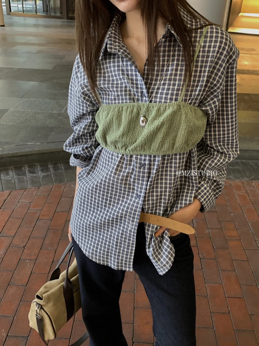 가을 한 부서 체크무늬 셔츠 슬립 스택 착용 투피스 조끼 이미지 3