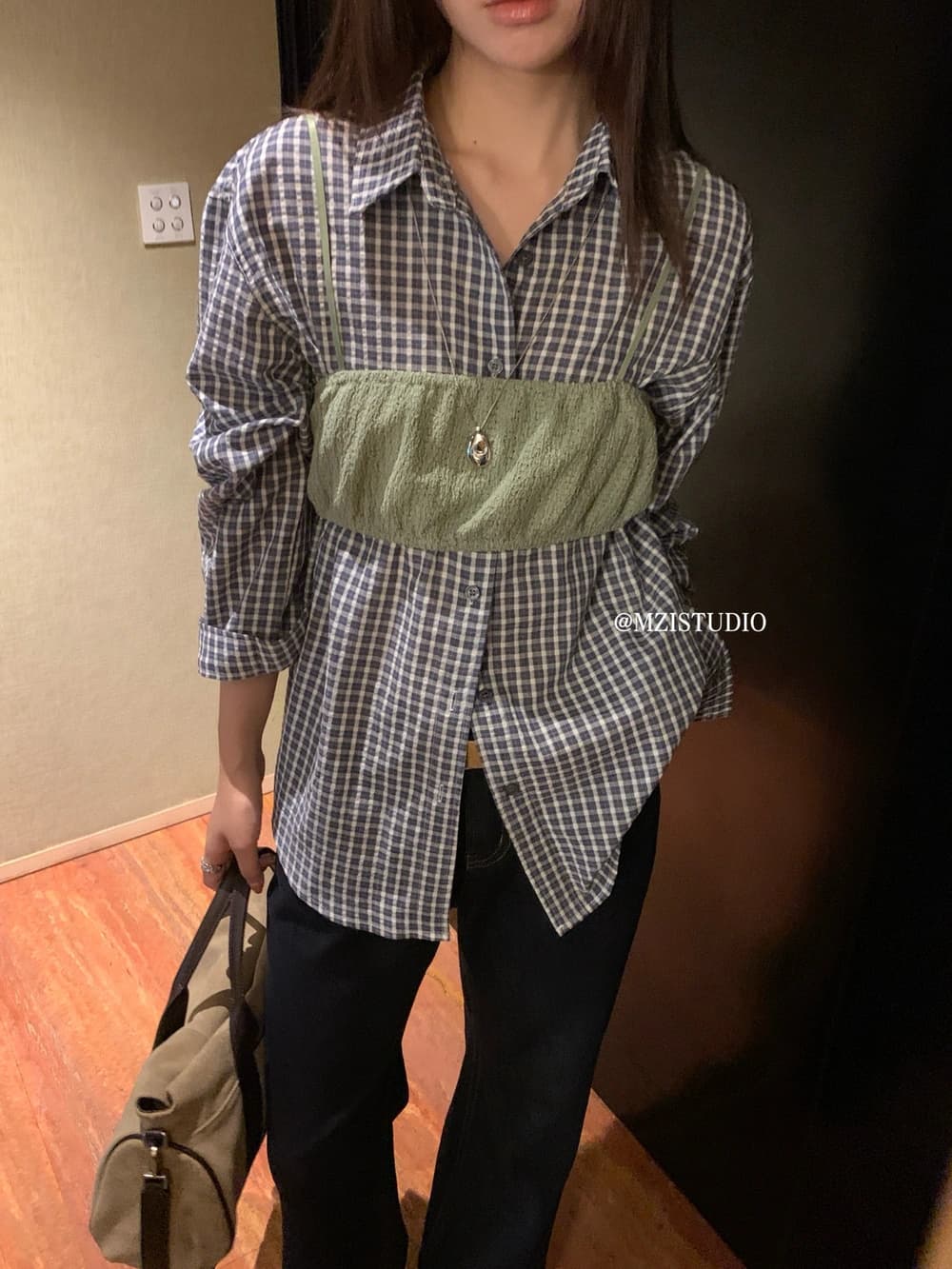 가을 한 부서 체크무늬 셔츠 슬립 스택 착용 투피스 조끼 상세 이미지 5