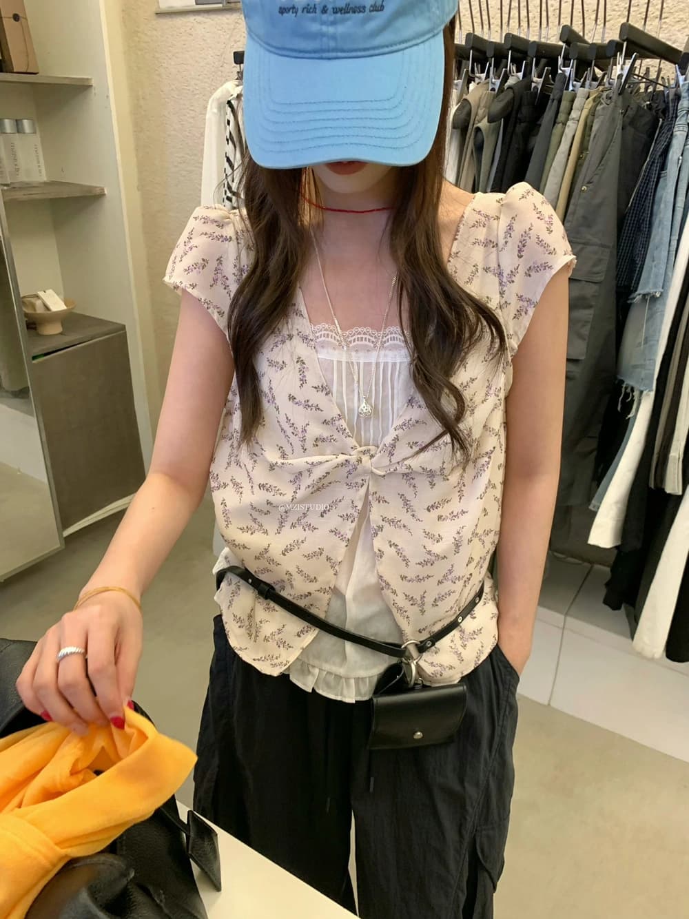 여름 한국 스타일 꽃무늬 패치워크 페이크 레이어드 레이스 레이스 품격 작은 셔츠