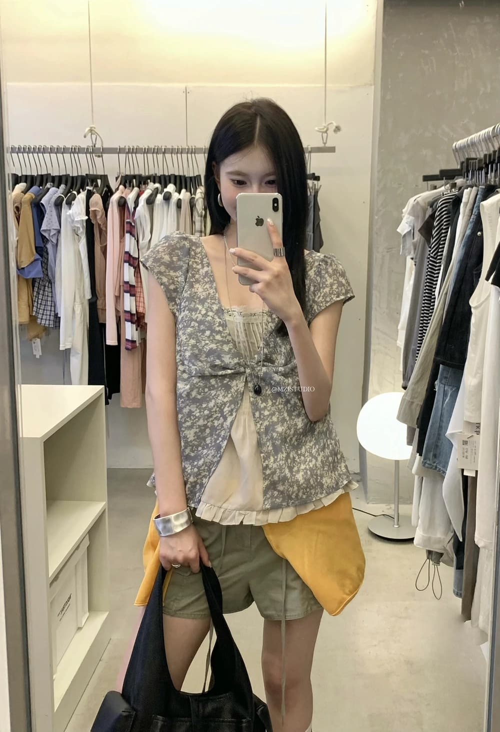 여름 한국 스타일 꽃무늬 패치워크 페이크 레이어드 레이스 레이스 품격 작은 셔츠 이미지 3