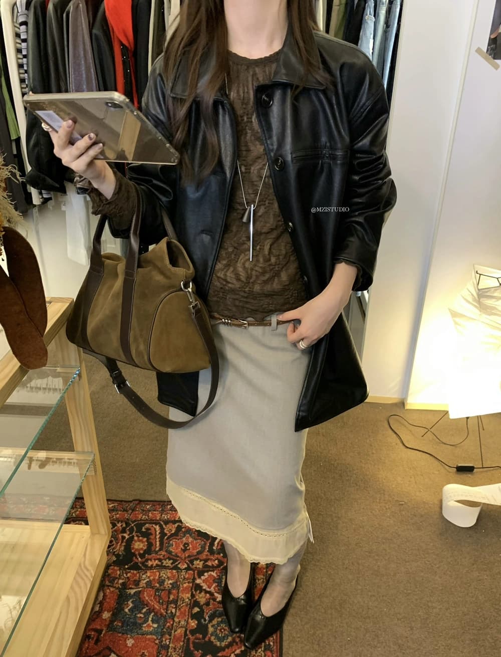 가을 한 부서 폴로 칼라 단추 중간 길이 품격 가죽 재킷