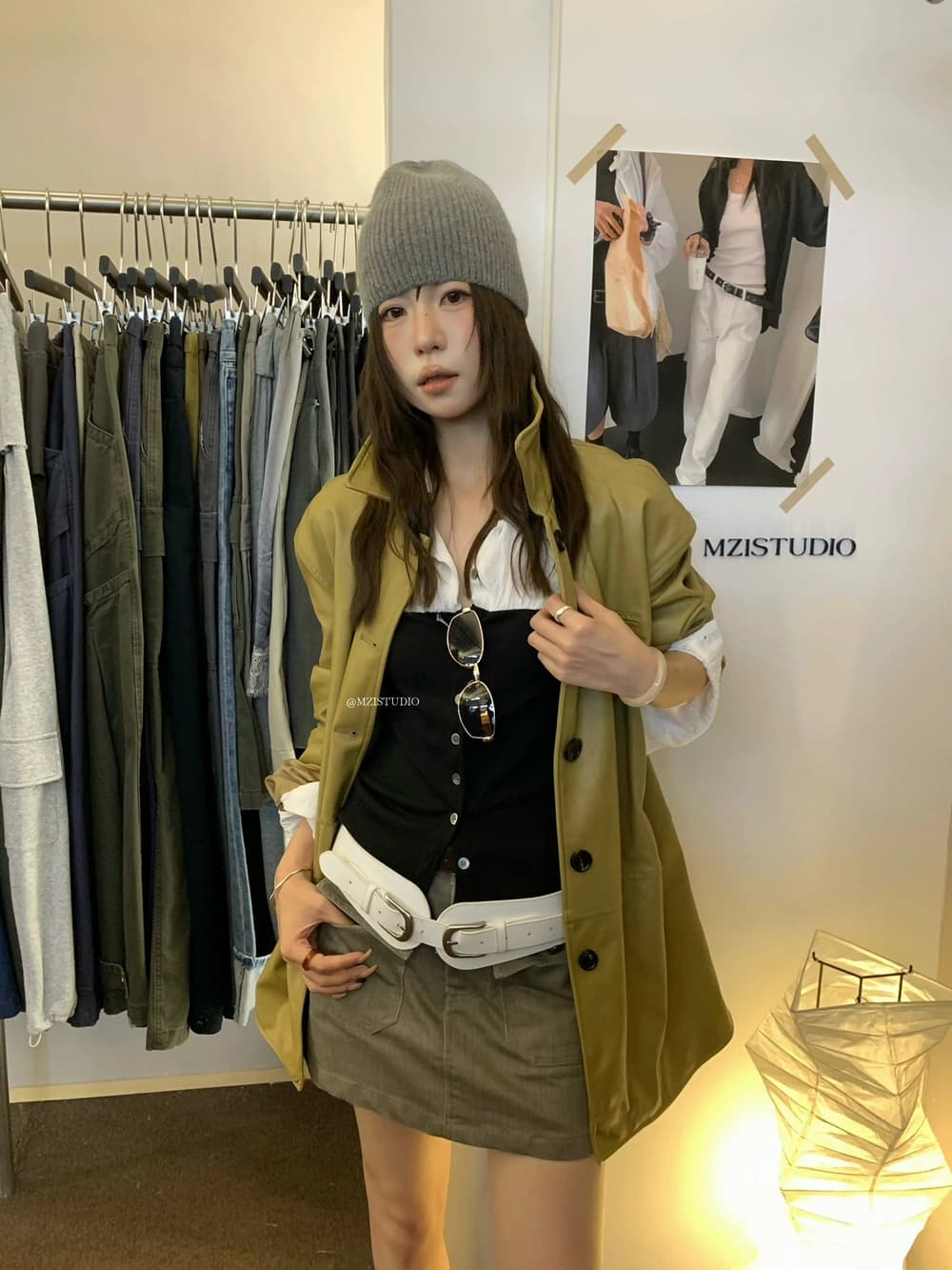 가을 한 부서 폴로 칼라 단추 중간 길이 품격 가죽 재킷 상세 이미지 2