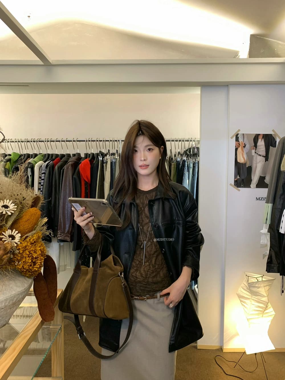 가을 한 부서 폴로 칼라 단추 중간 길이 품격 가죽 재킷 상세 이미지 4