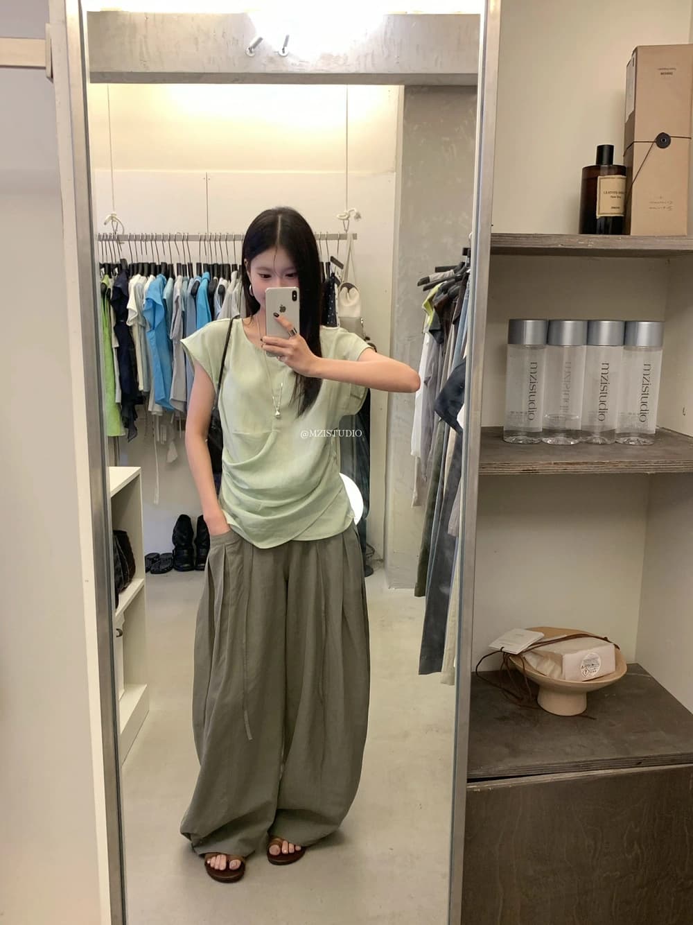 여름 한 바람 주간 실크 아마 허리밴드 넓은 다리 캐주얼 바지 상세 이미지 20