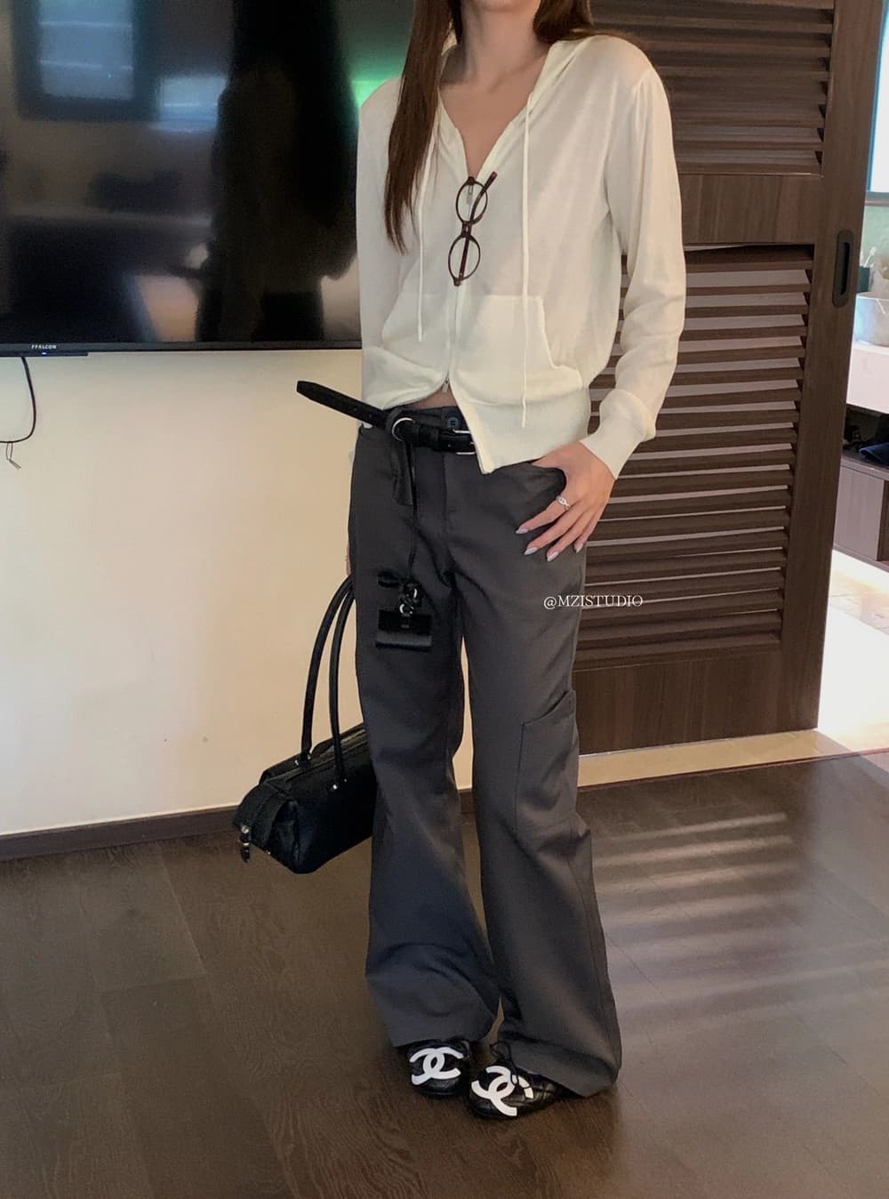 가을 한 부서 부드럽다 후드 펌프 로프 지퍼 주머니 루즈핏 스웨터 상세 이미지 4