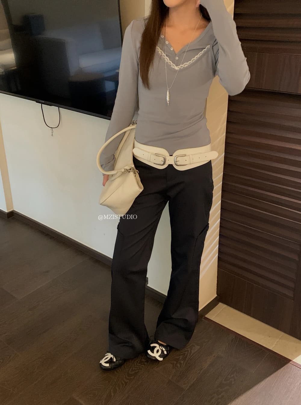 가을 한국 스타일 면 센스 넓은 다리 주머니 루즈핏 다용도 캐주얼 바지 이미지 3