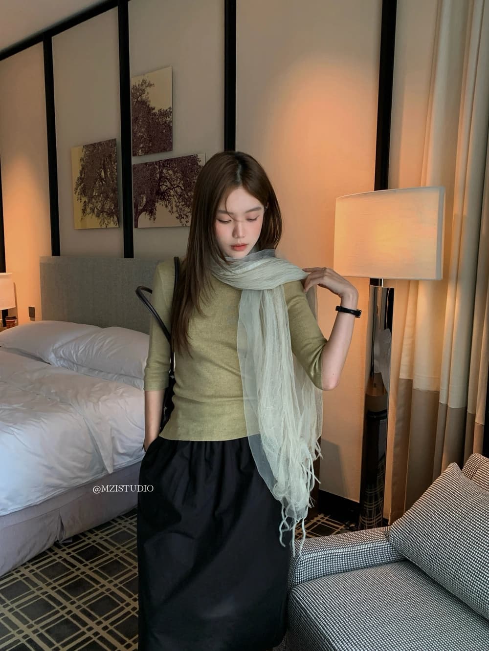 가을 한국 스타일 양모 중간 소매 라운드 넥 닫기 피팅 다용도 니트 스웨터 경기 스카프 상세 이미지 4